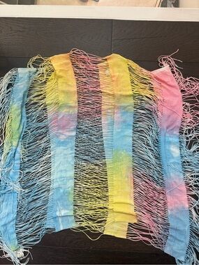 Pilyq Tie-Dye Fringe Open-Knit Swim Cover-Up in Yellow Blue Pink